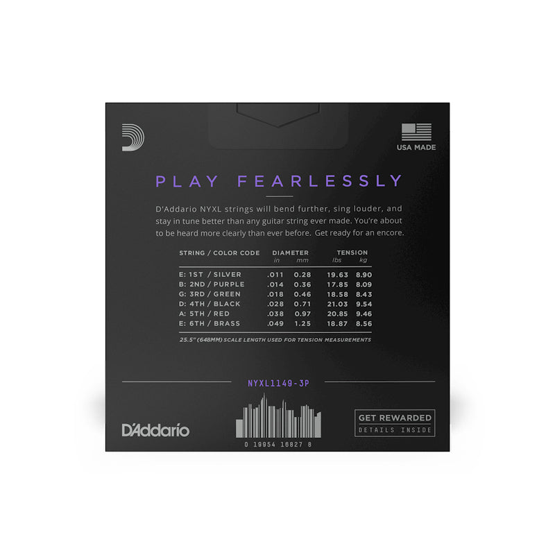 D'Addario NYXL1149-3P Nickel Wound Electric Guitar Strings, Medium, 11-49, 3 Sets