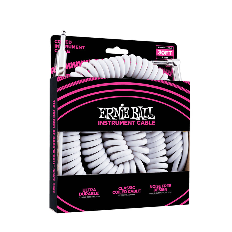 Ernie Ball 30' Coiled Straight-Angle Instrument Cable - White