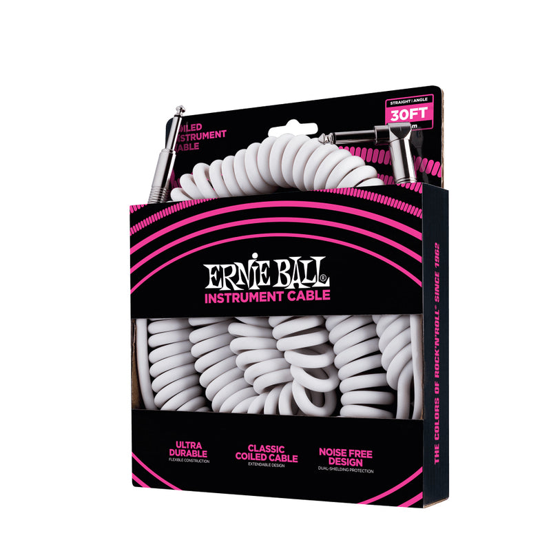 Ernie Ball 30' Coiled Straight-Angle Instrument Cable - White