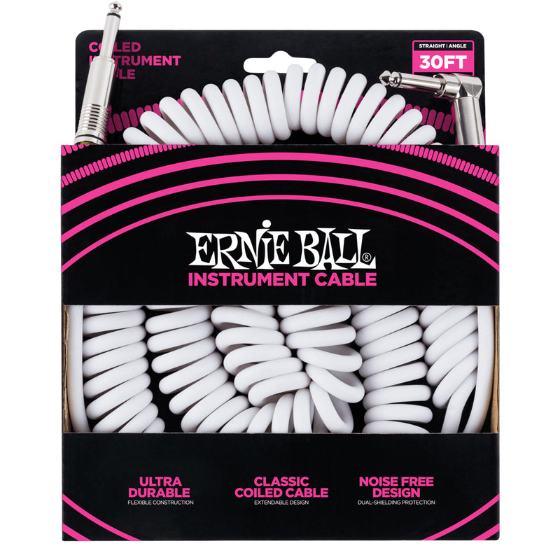 Ernie Ball 30' Coiled Straight-Angle Instrument Cable - White