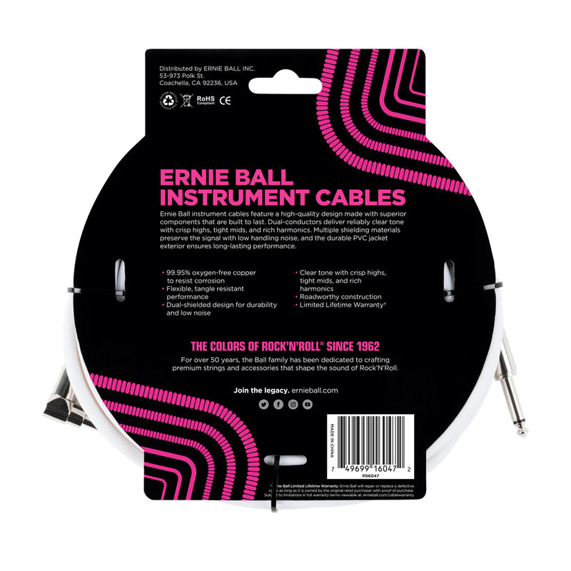 Ernie Ball 20' Straight-Angle Instrument Cable - White