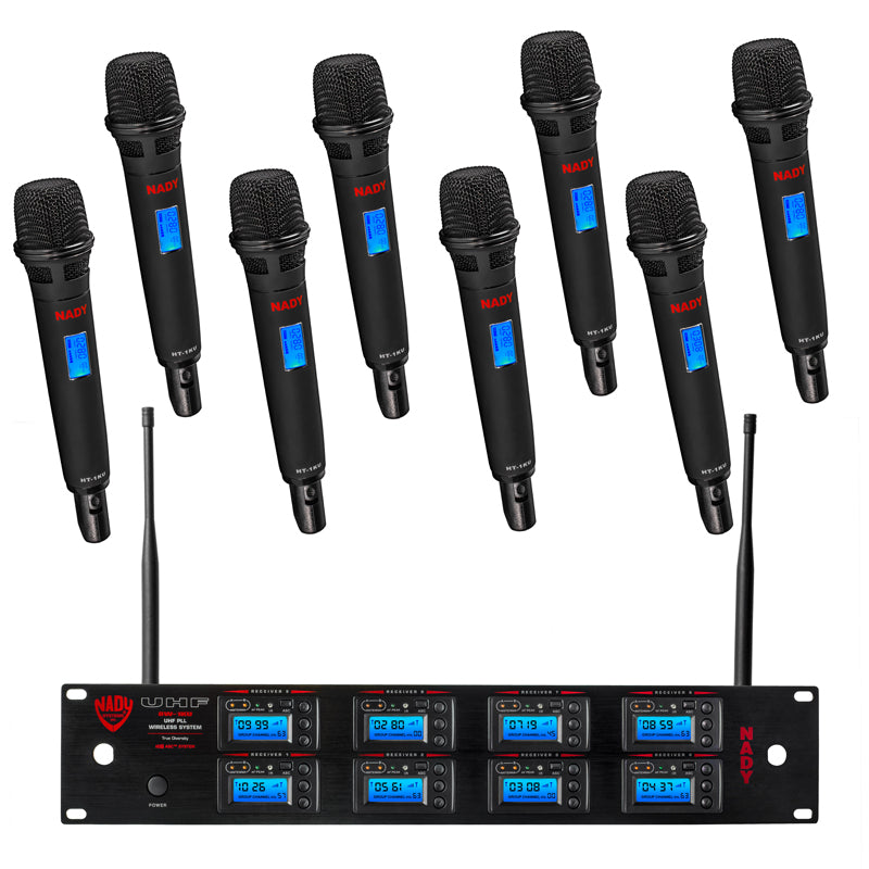 Nady 8W-1KU HT Octo 1000-Channel Professional UHF Wireless System with 8 Handheld Microphones