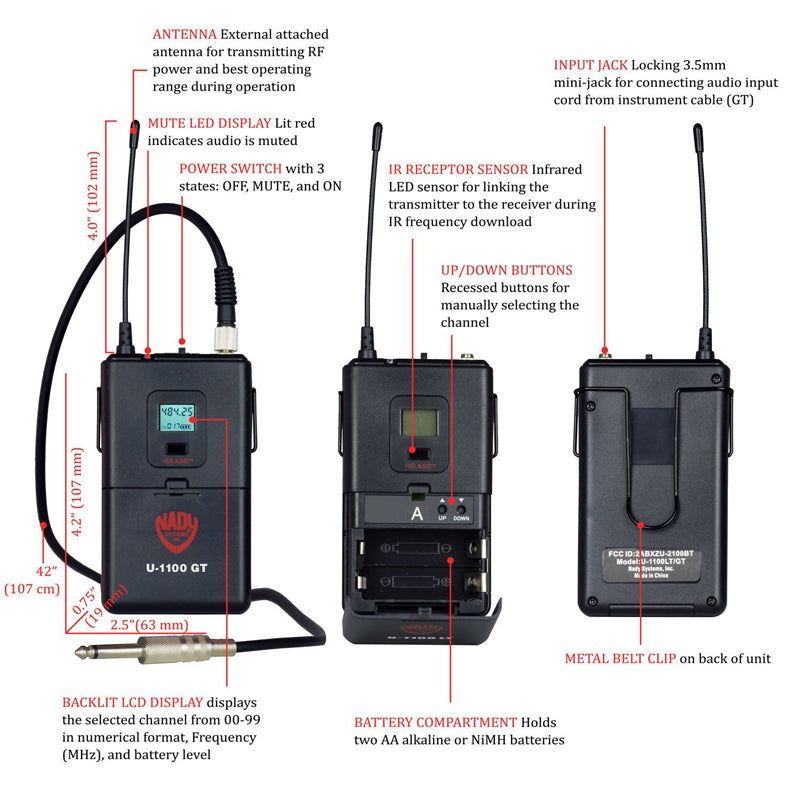 Nady U-1100 GT 100-Channel UHF Wireless Instrument/Guitar System