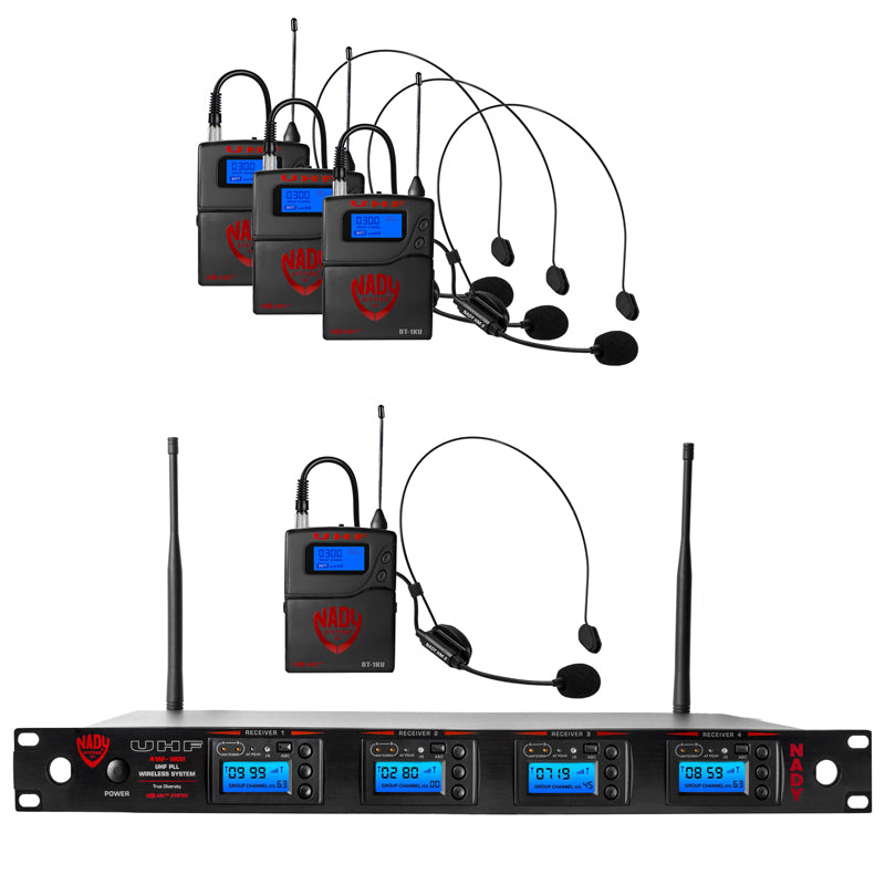 Nady 4W-1KU HM-3 Quad 1000-Channel Professional UHF Wireless System with 4 Headset Microphones