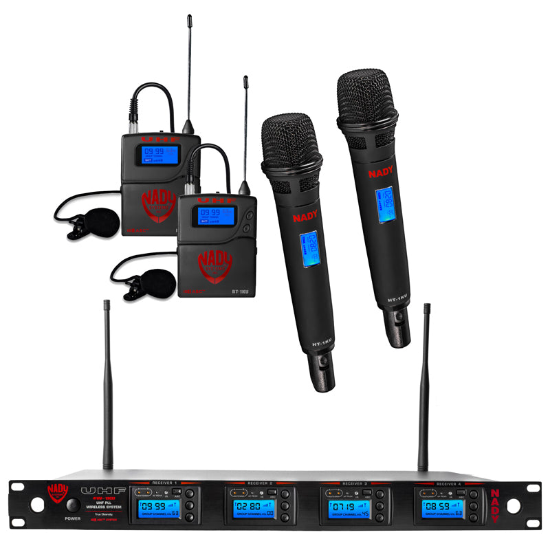 Nady 4W-1KU LT/HT Quad 1000-Channel Professional UHF Wireless Lavalier/Headset Microphone System