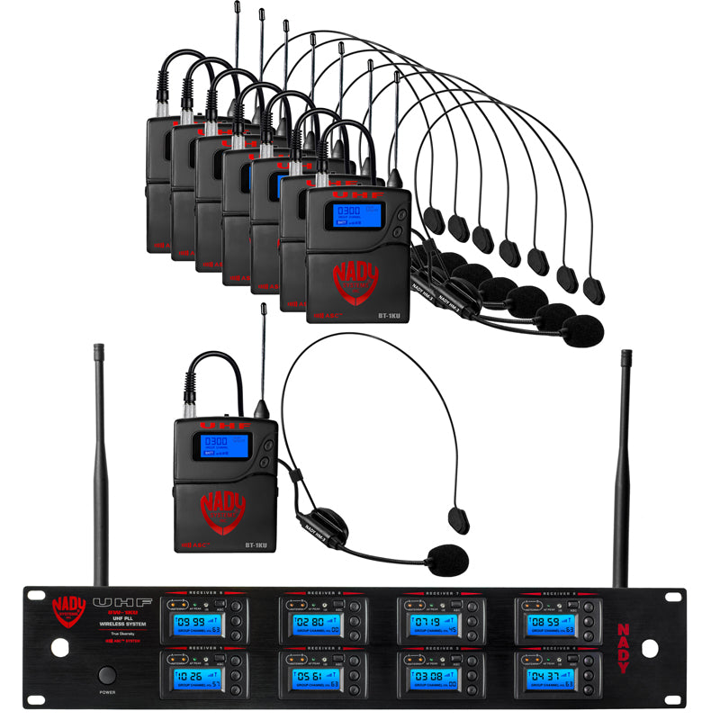 Nady 8W-1KU HM-3 Octo 1000-Channel Professional UHF Wireless System with 8 Headset Microphones